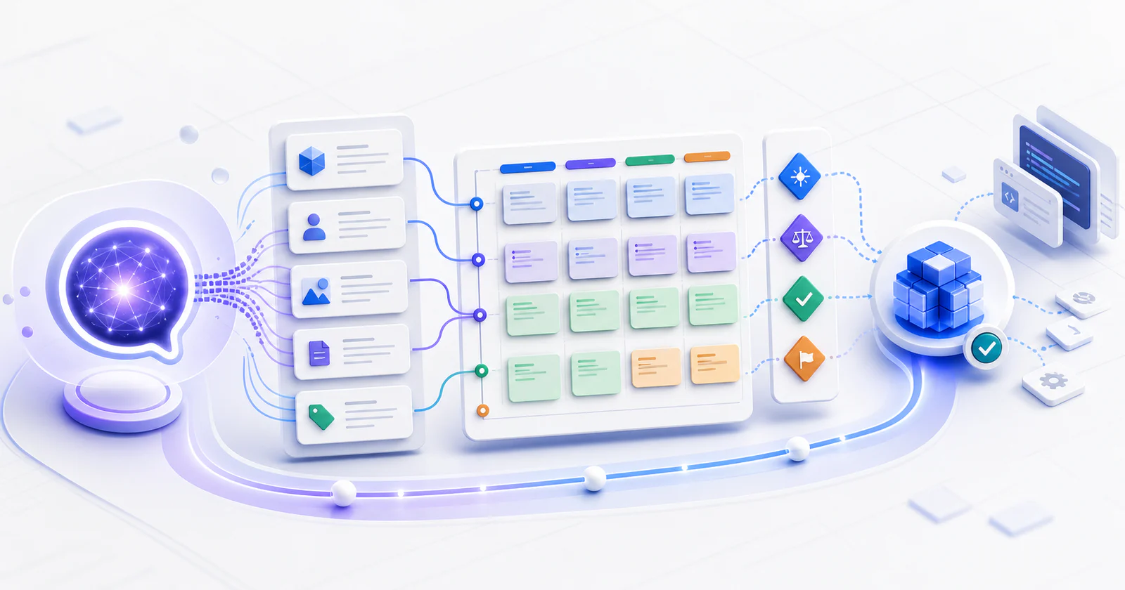 AI assistant connected to product context, a structured backlog, decision gates, and implementation