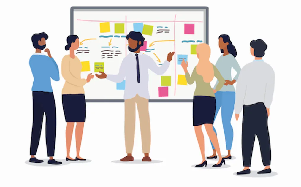 Cross-functional team collaborates on a migration story map during a workshop