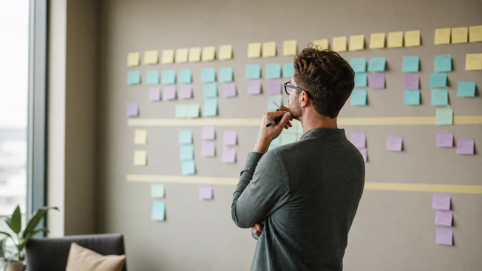 Product owner reviewing a user story map on an office wall
