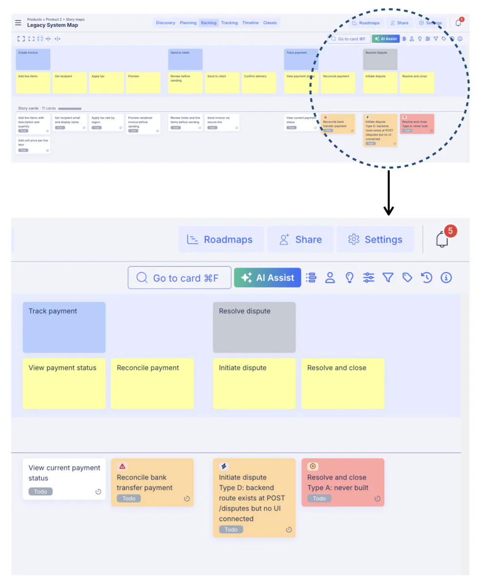 Legacy software story map expands payment steps into verified behaviors and missing dispute flows
