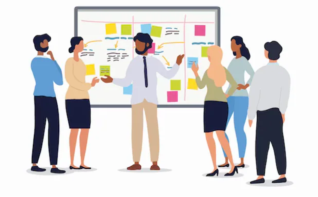 Cross-functional team maps existing legacy-system workflows during a collaborative workshop