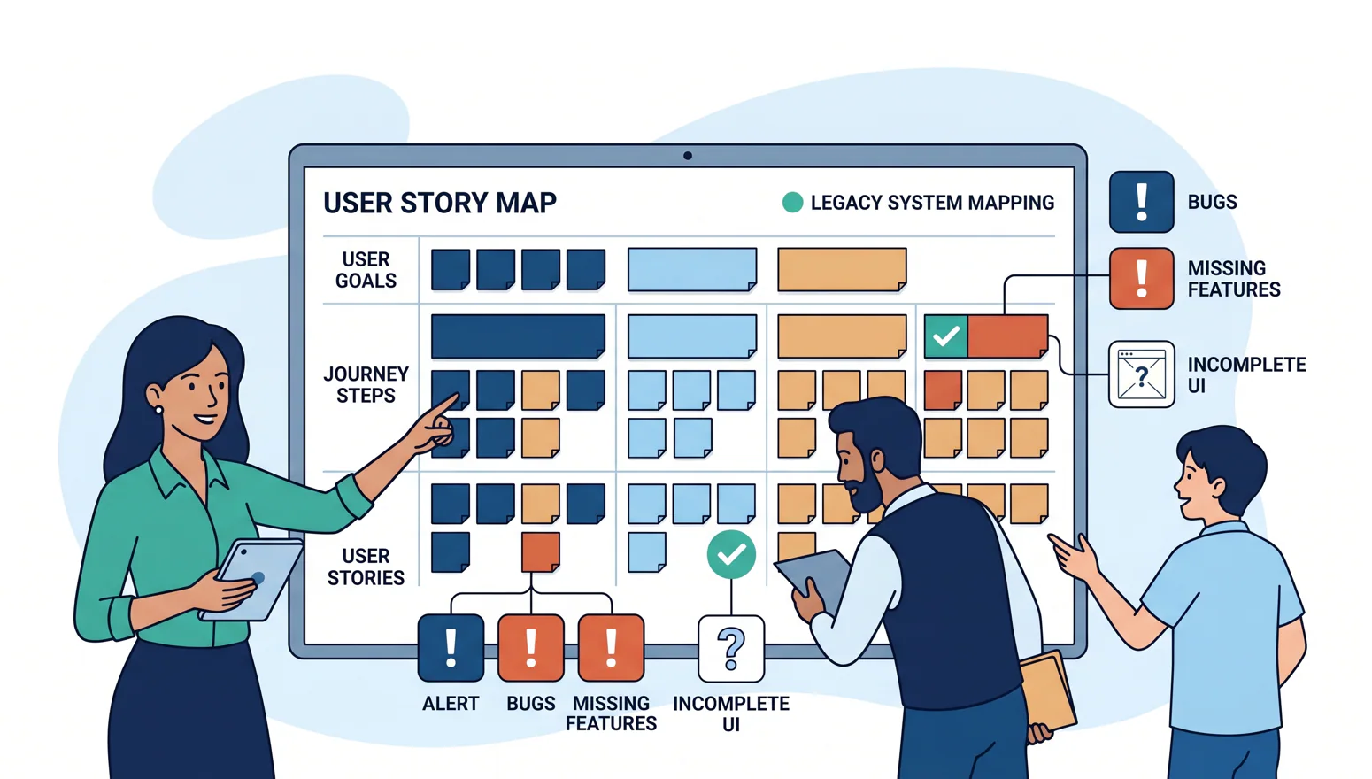 Legacy system story map organizes existing workflows, risks, and planned product changes