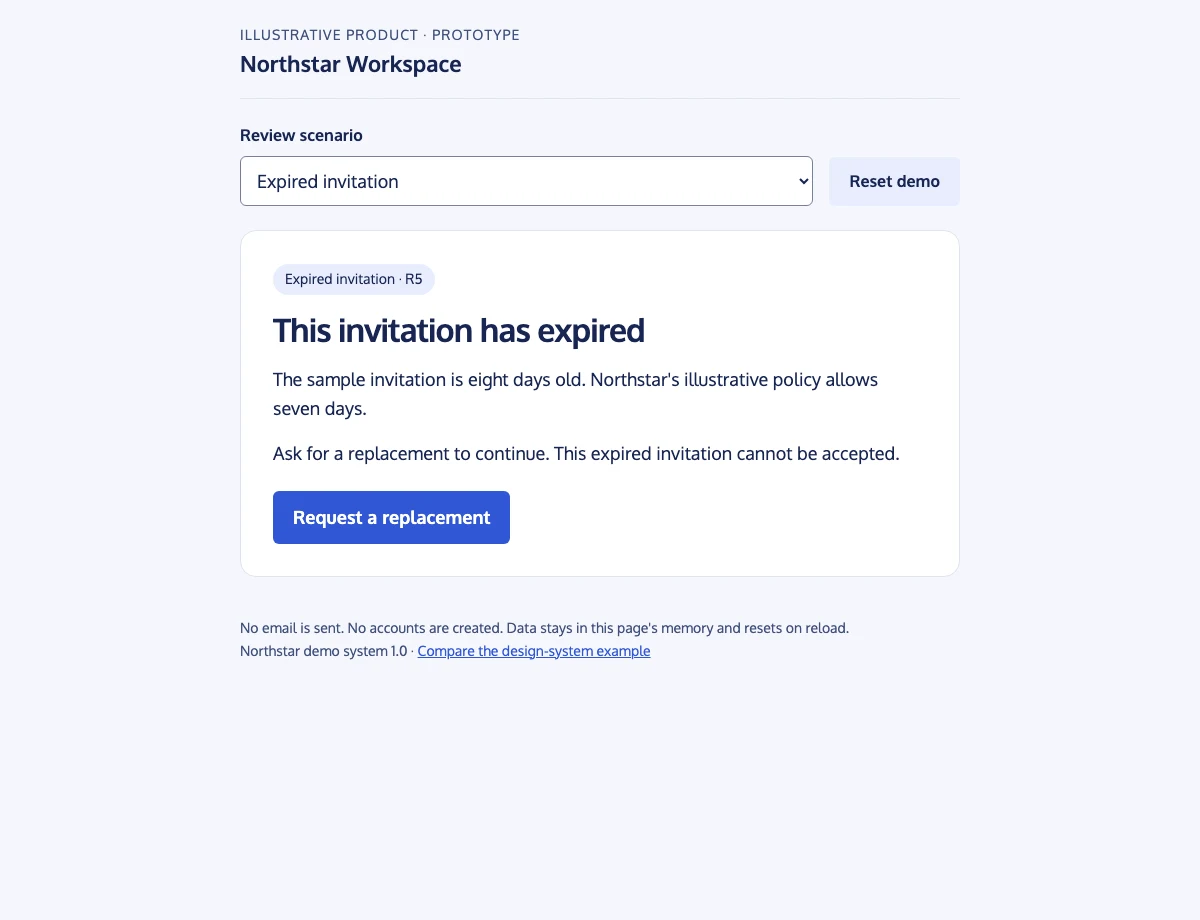 Expired invitation screen removes acceptance and offers a request for a replacement invitation.
