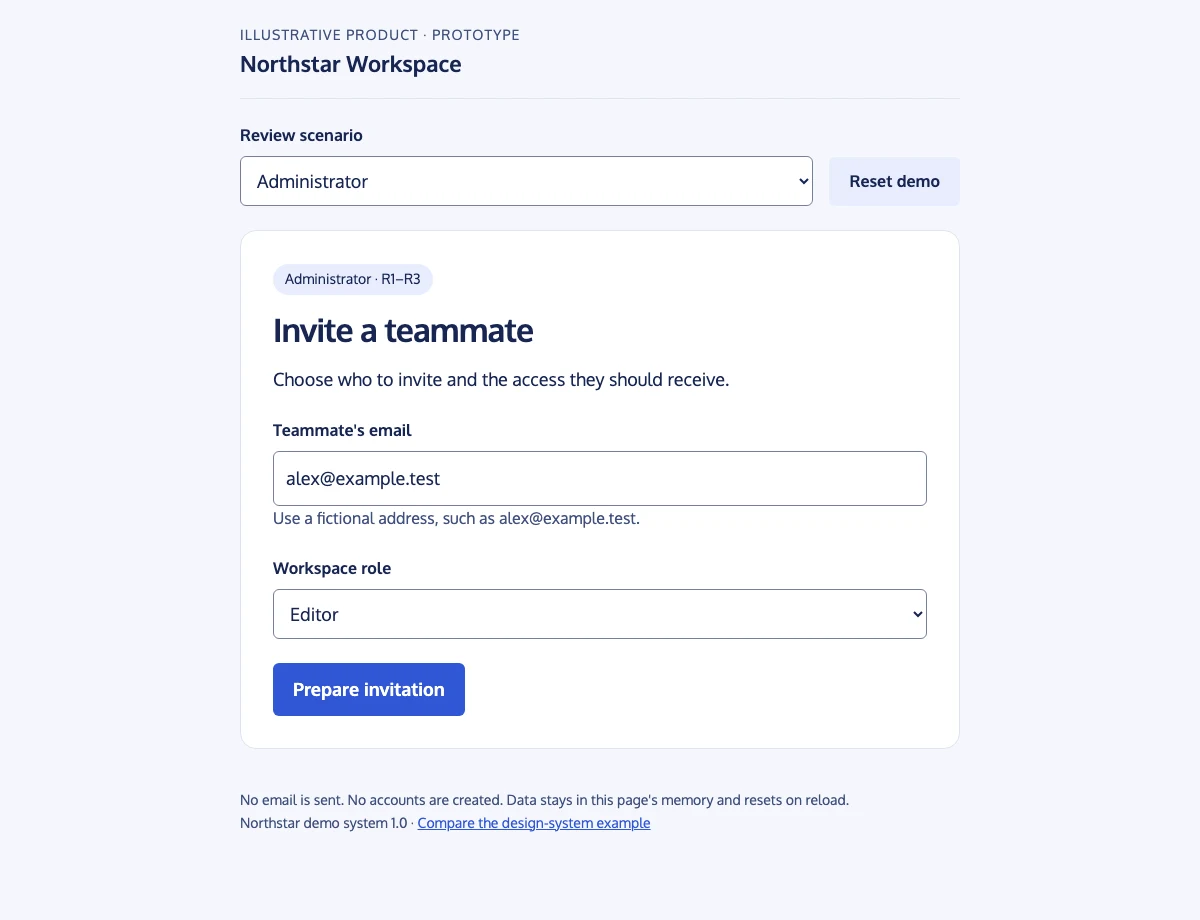 Northstar invitation prototype shows an email field, role selector, and a clearly labeled simulated send action.