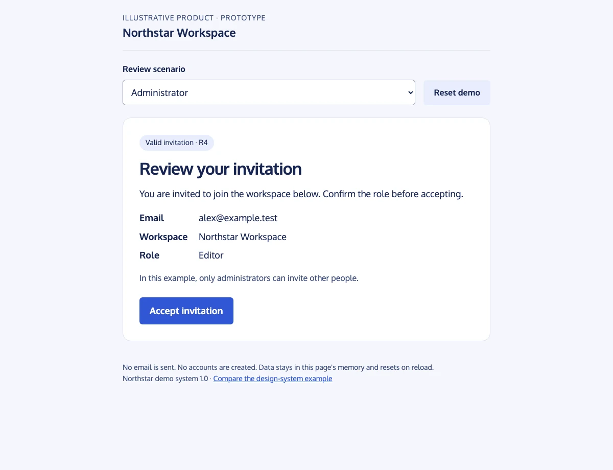 Invitation review screen identifies Northstar Workspace and the Editor role before acceptance.