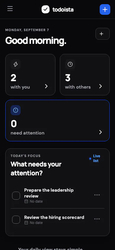 Todoista mobile dashboard with My Tasks, Waiting, and attention summary cards