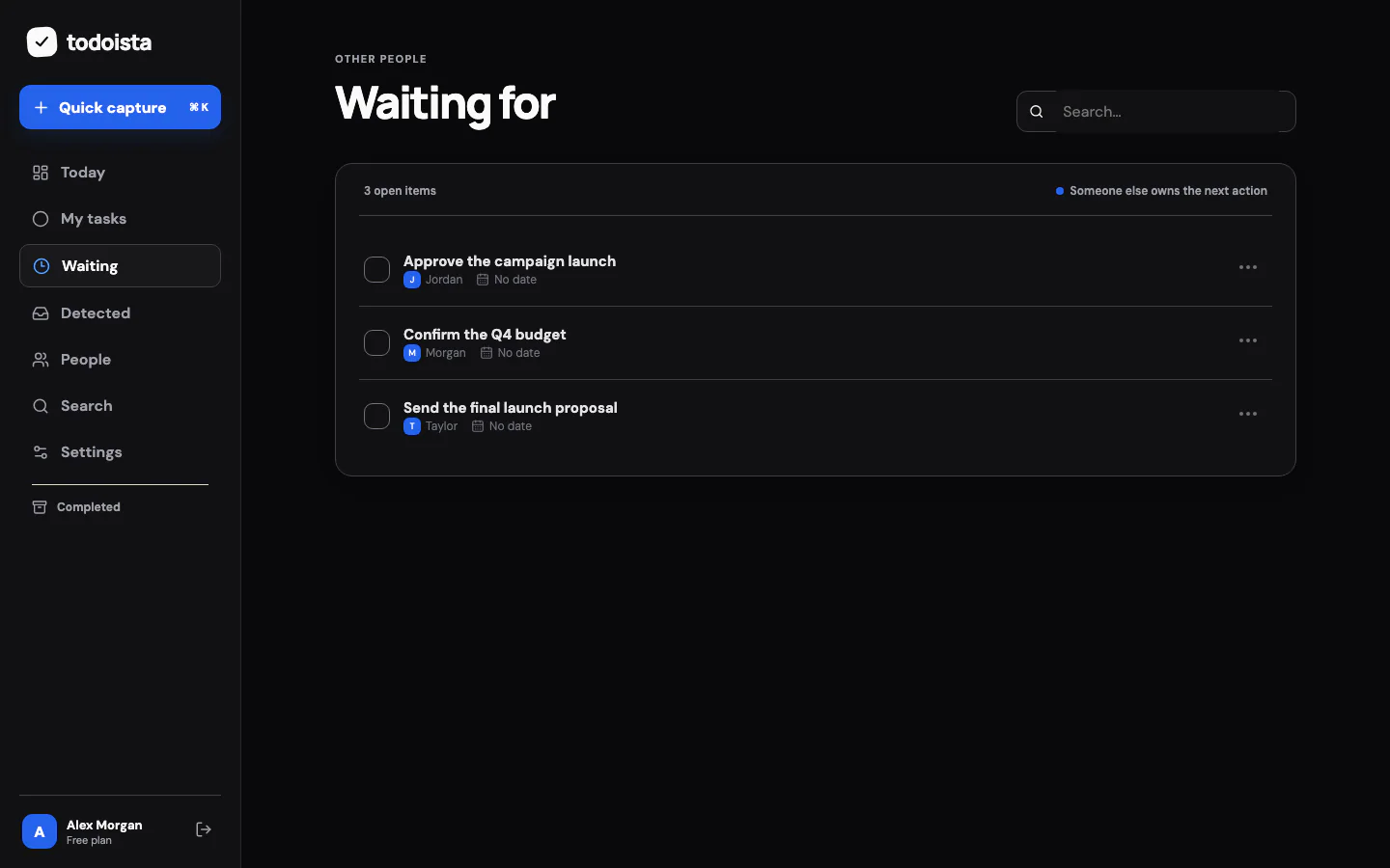 Todoista Waiting screen listing commitments grouped by the person who owns the next action