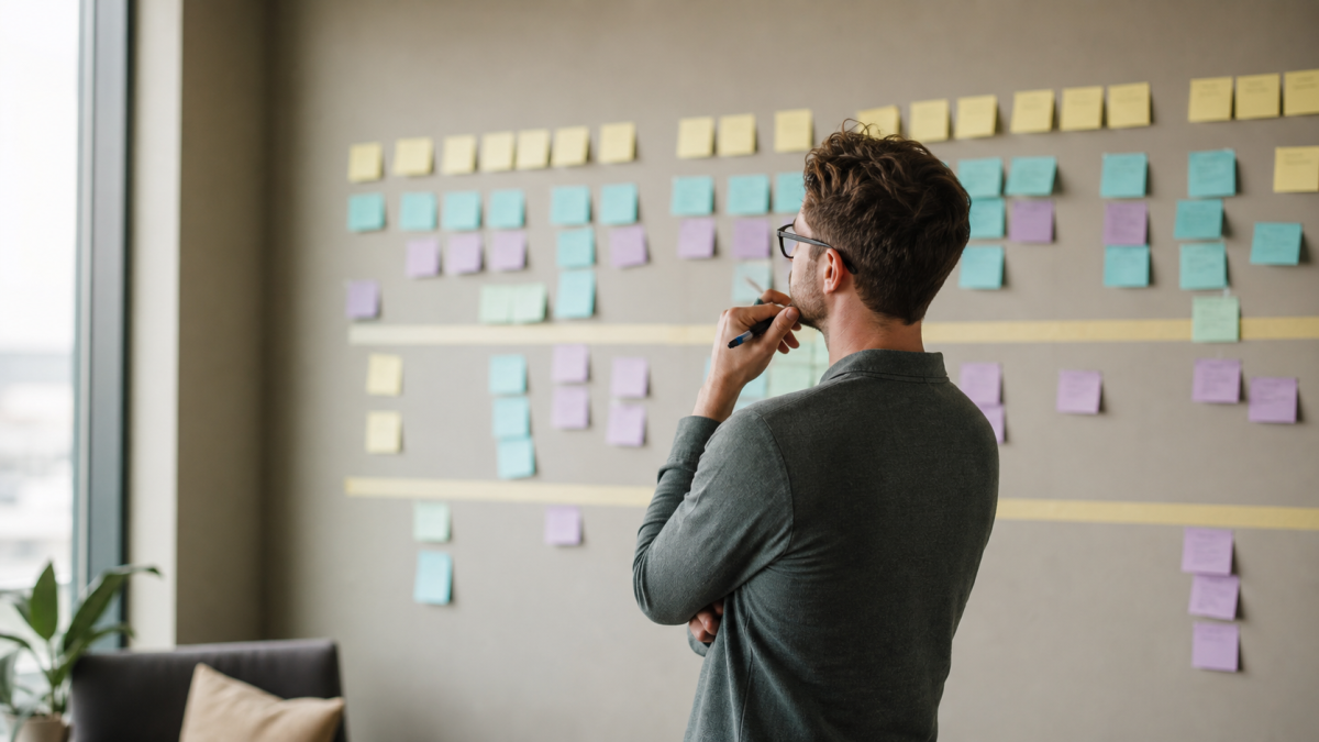 Product owner reviewing a user story map on an office wall