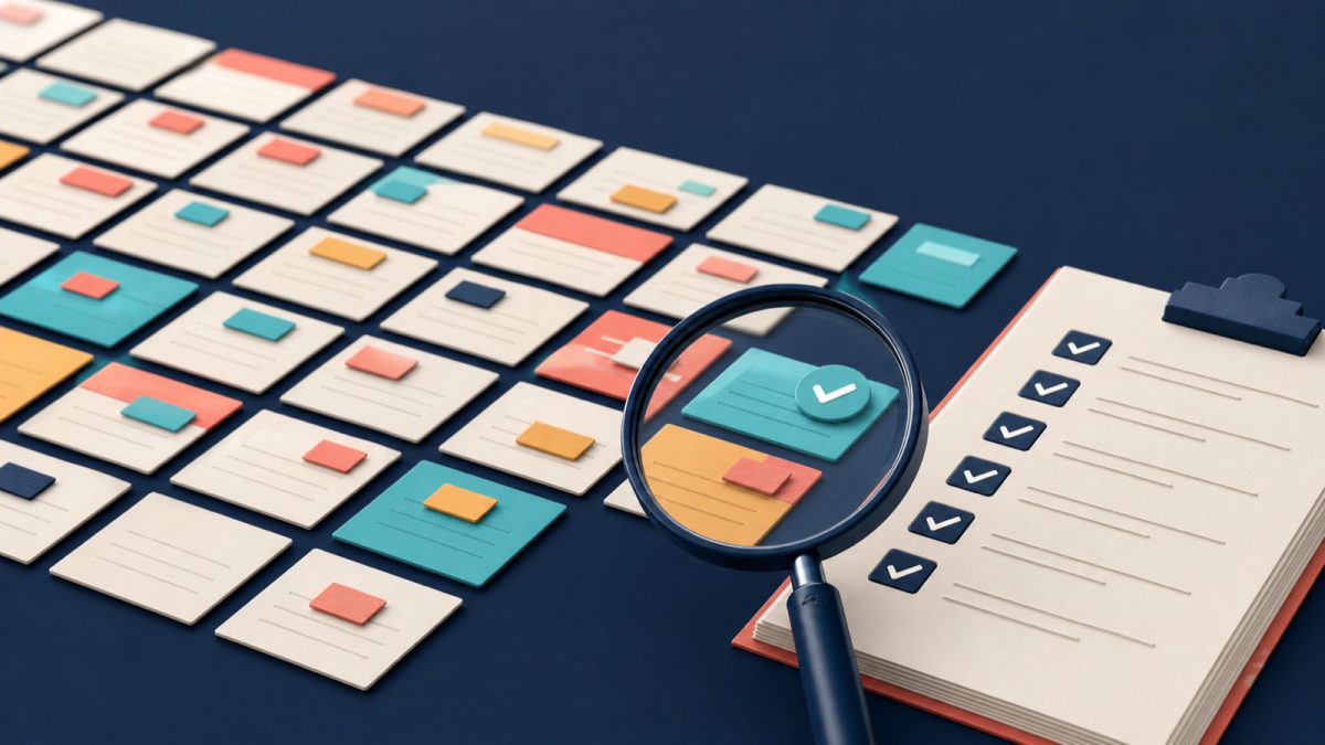 A checklist and magnifying glass audit a large grid of story-map cards
