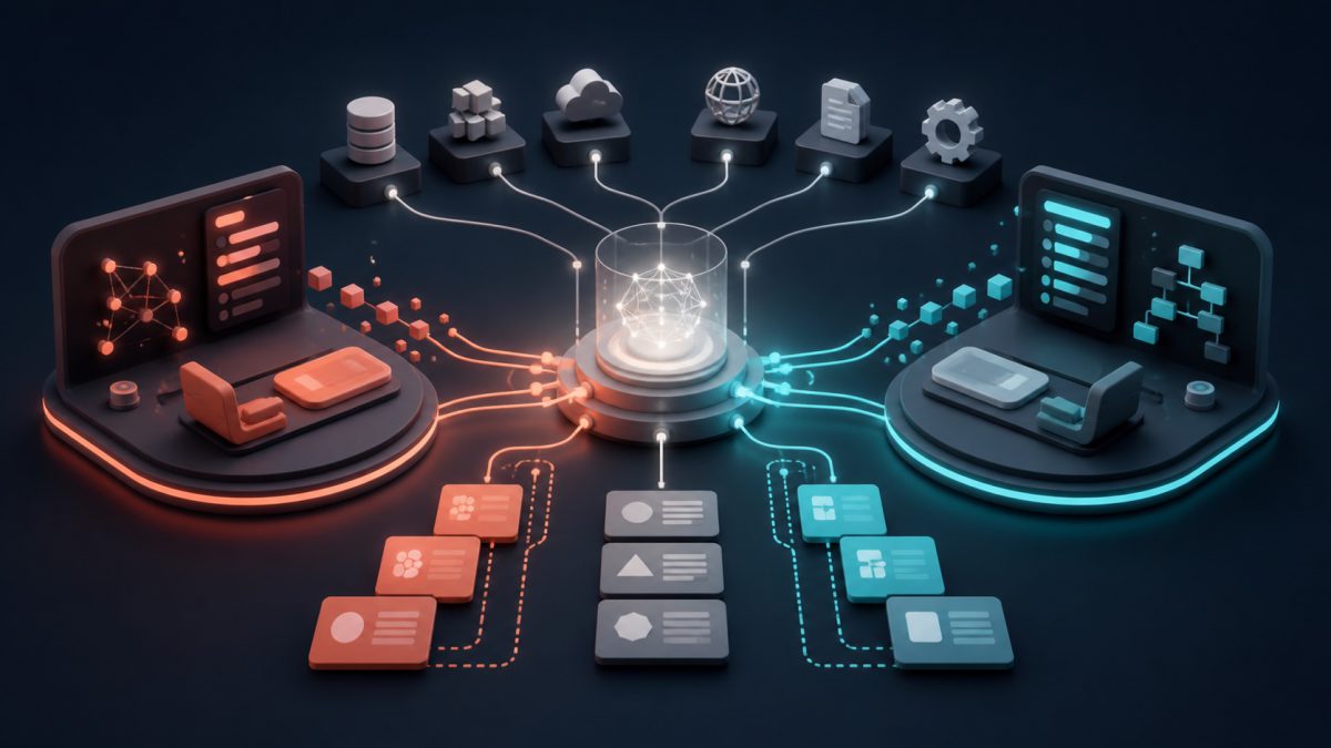 Claude and Codex agent workstations connecting reusable skills to external tools through MCP