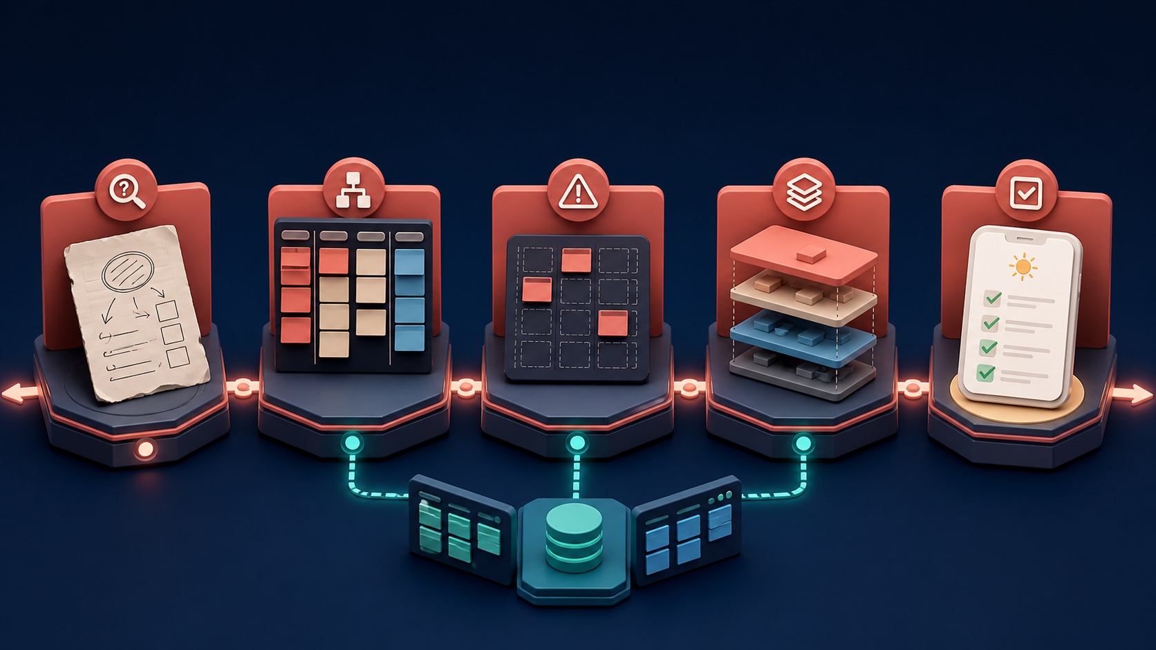 Five-stage product workflow from discovery through story mapping, gap analysis, release slicing, and refinement